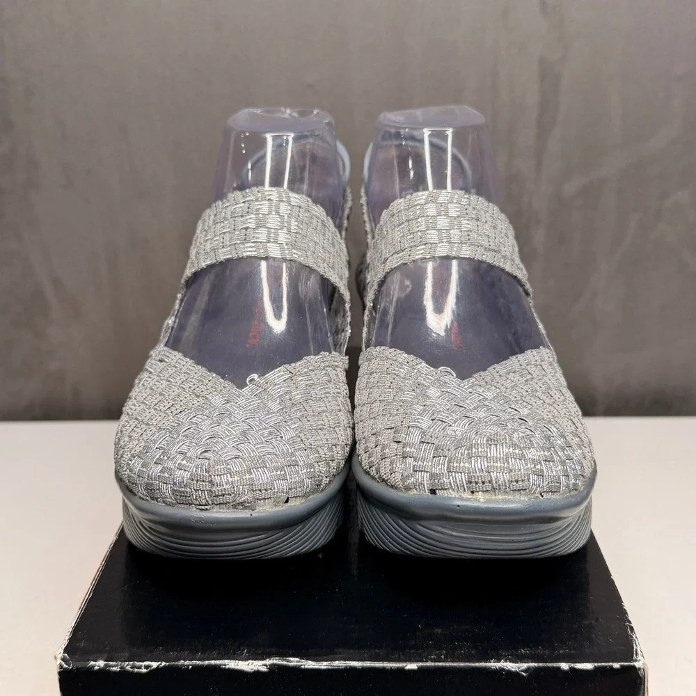 Bernie Mev Lulia Wedge Mary Jane Women 41 Silver Grey Woven Elastic Platform New